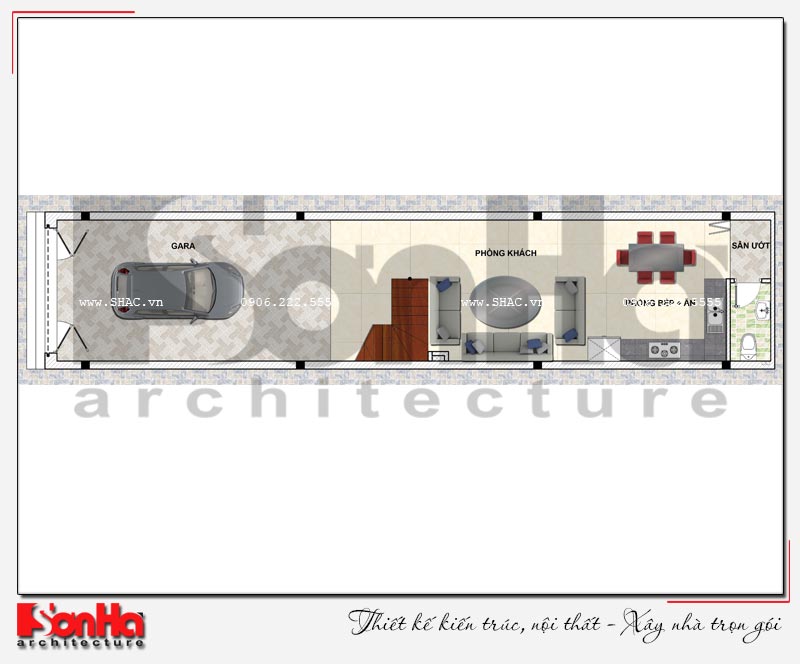 thiết kế bản vẽ tầng 1 nhà ống kiến trúc pháp mặt tiền 4m3