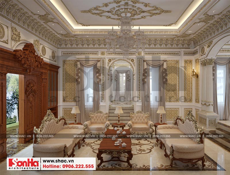 mẫu thiết kế nội thất phòng khách biệt thự lâu đài cổ điển tại gia lai 