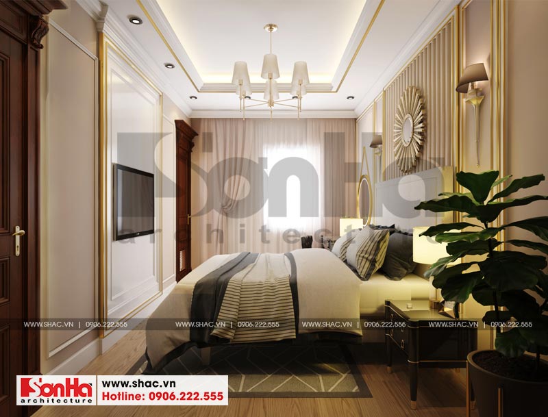 thiết kế nội thất phòng ngủ tân cổ điển nhà phố 4 tầng mặt tiền 7m5 tại khu Shophouse Hạ Long - Quảng Ninh