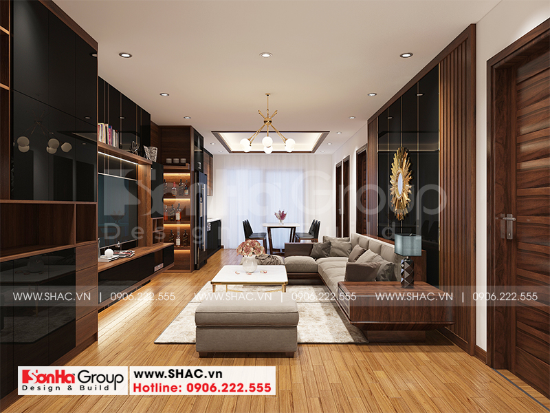 thiết kế nội thất phòng khách và bếp liền nhau căn hộ chung cư 100m2 tại hà nội 